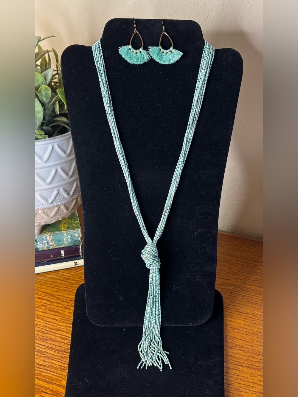 Green Beaded knot Necklace Signed CC with Earrings